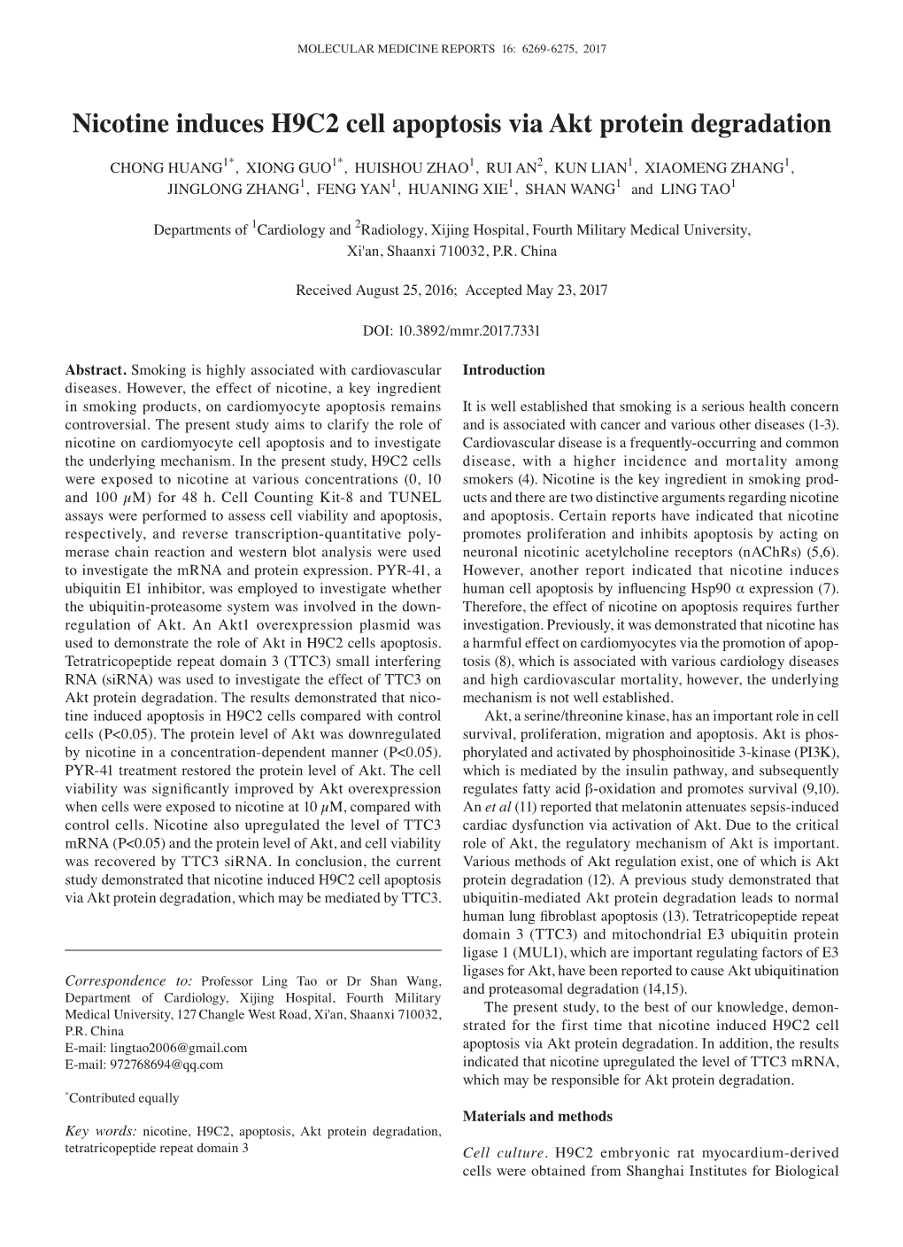 Nicotine Induces H9C2 Cell Apoptosis Via Akt Protein Degradation