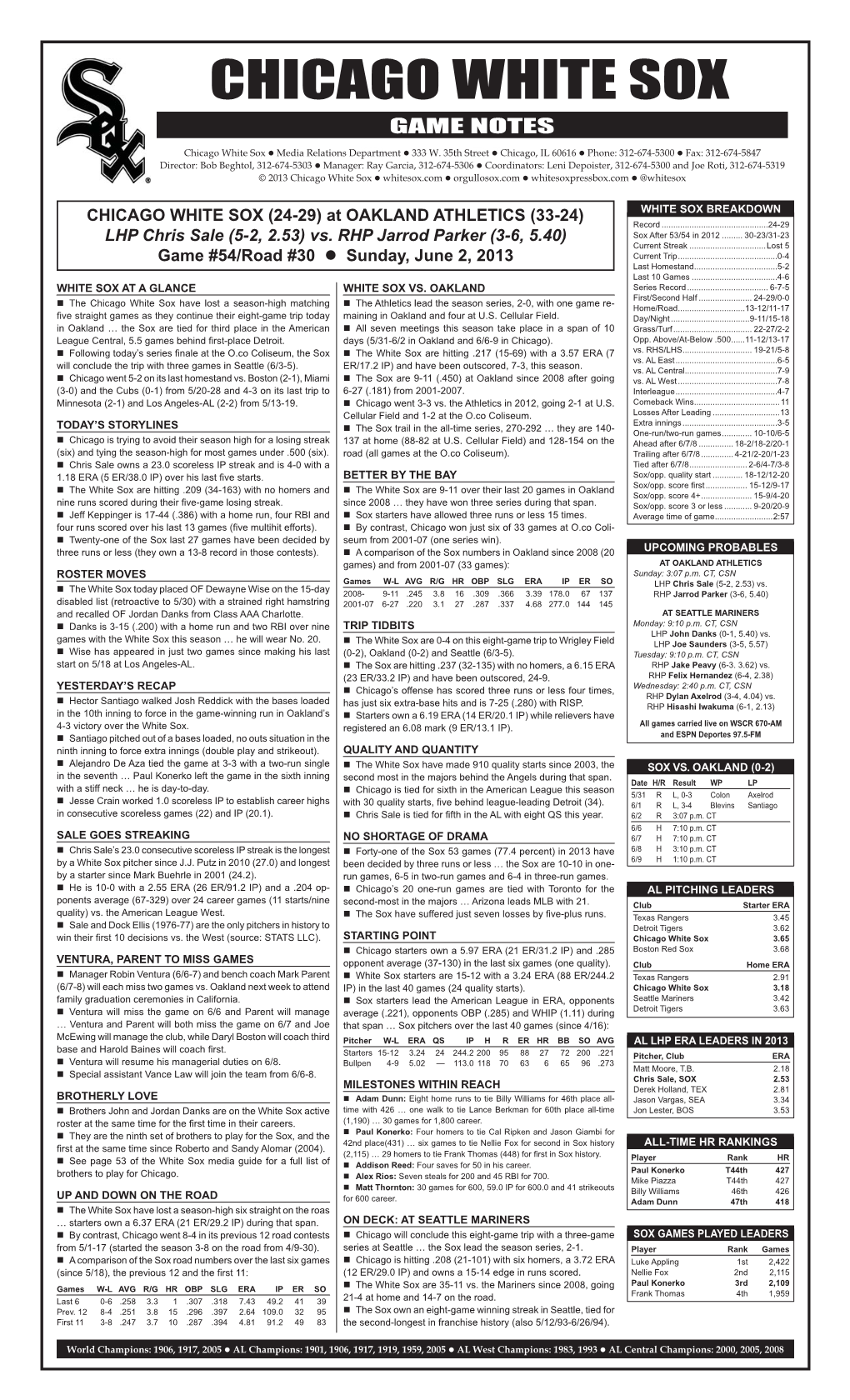 CHICAGO WHITE SOX GAME NOTES Chicago White Sox  Media Relations Departmentgame  333 W