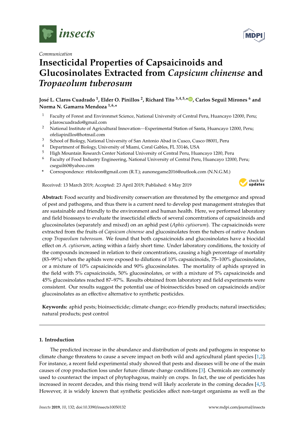 Insecticidal Properties of Capsaicinoids and Glucosinolates Extracted from Capsicum Chinense and Tropaeolum Tuberosum