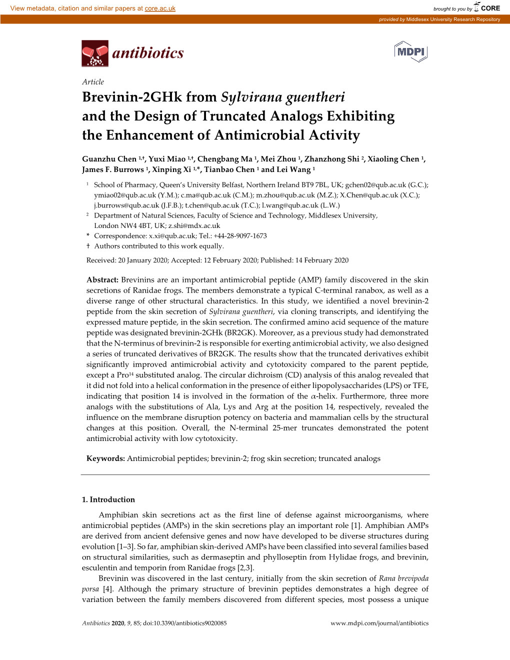 Brevinin-2Ghk from Sylvirana Guentheri and the Design