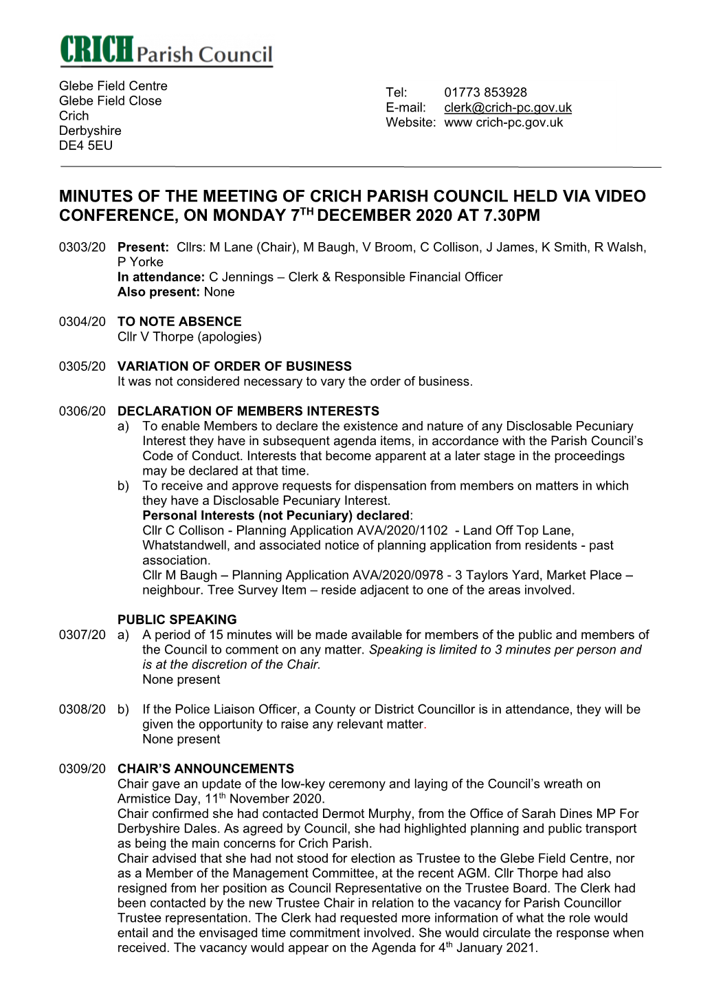 Minutes of the Meeting of Crich Parish Council Held Via Video Conference, on Monday 7Th December 2020 at 7.30Pm