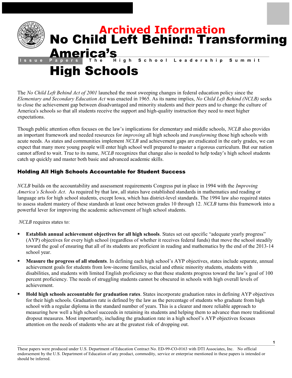 Archived: the High School Leadership Summit Issue Papers: No Child Left Behind: Transforming