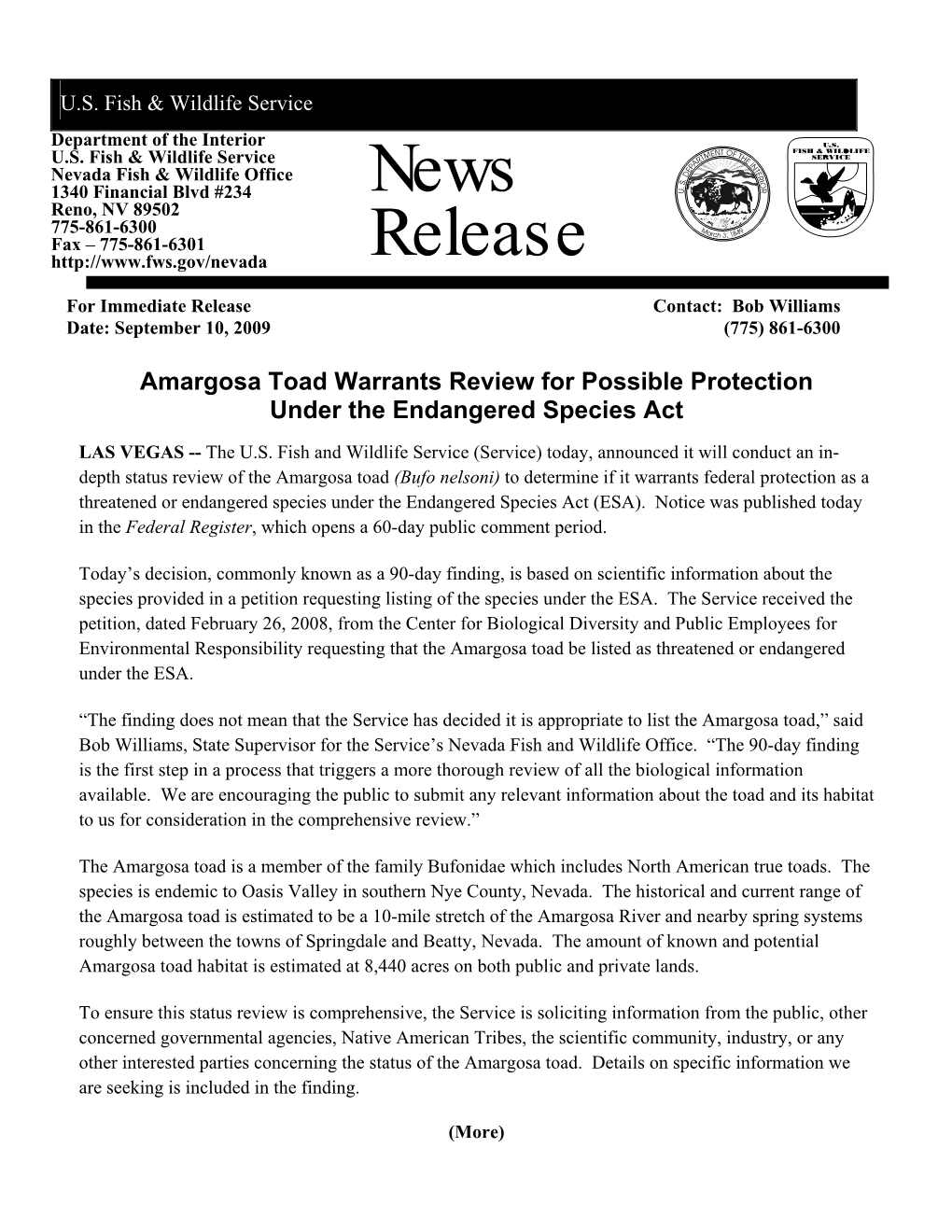 Amargosa Toad Warrants Review for Possible Protection Under the Endangered Species Act