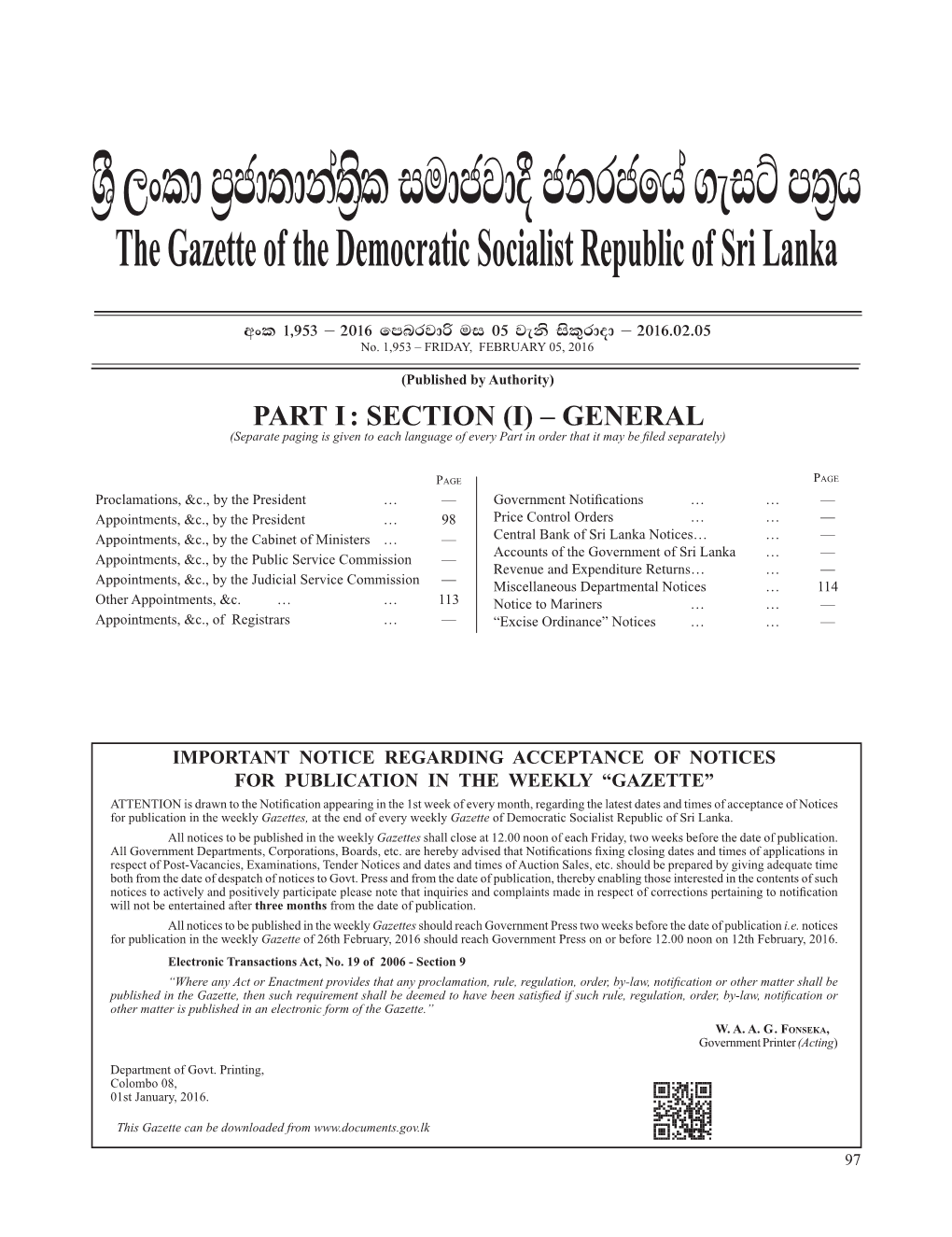 YS% ,Xld M%Cd;Dka;S%L Iudcjd§ Ckrcfha .Eiü M;%H the Gazette of the Democratic Socialist Republic of Sri Lanka