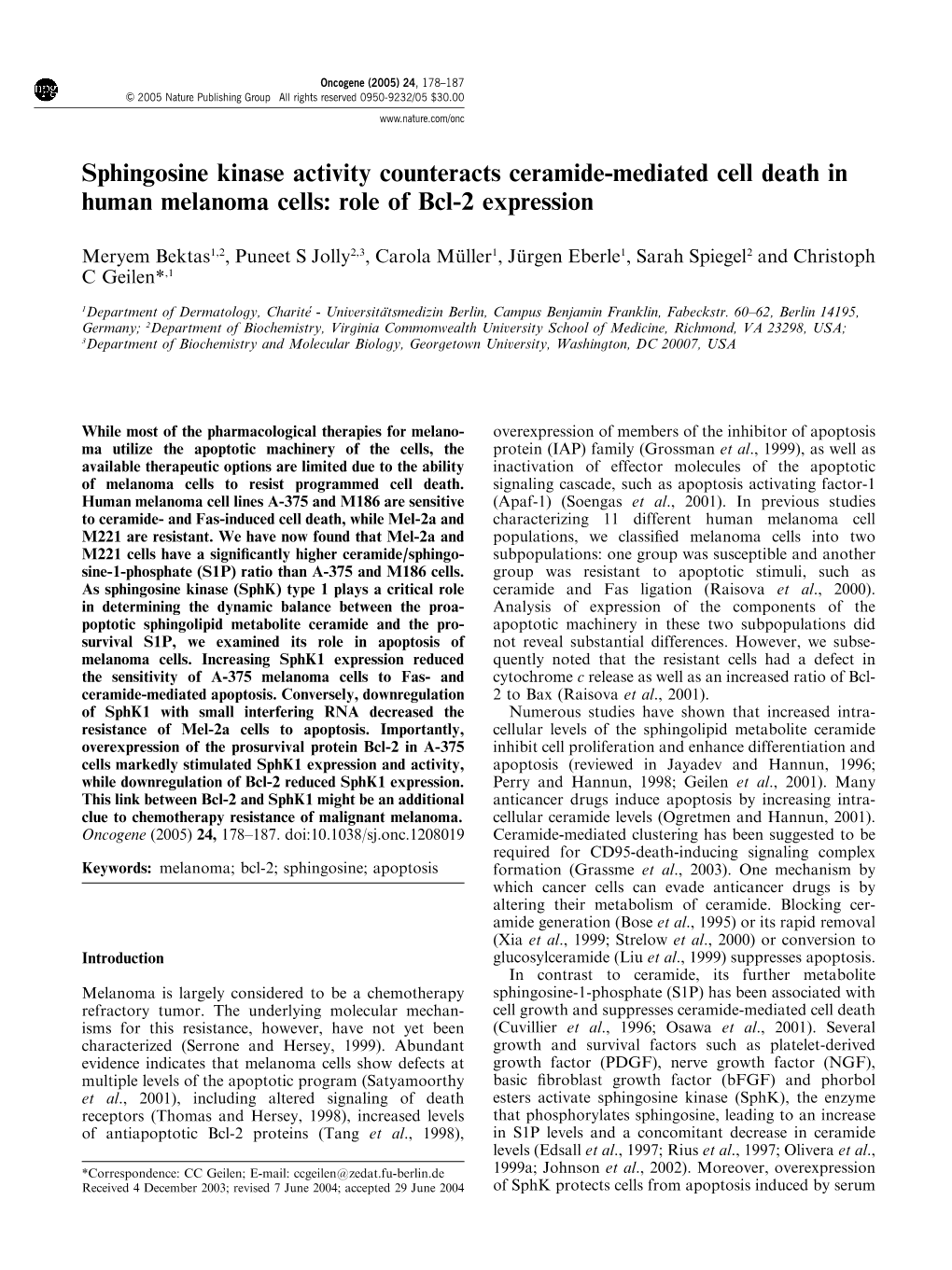 Sphingosine Kinase Activity Counteracts Ceramide-Mediated Cell Death in Human Melanoma Cells: Role of Bcl-2 Expression