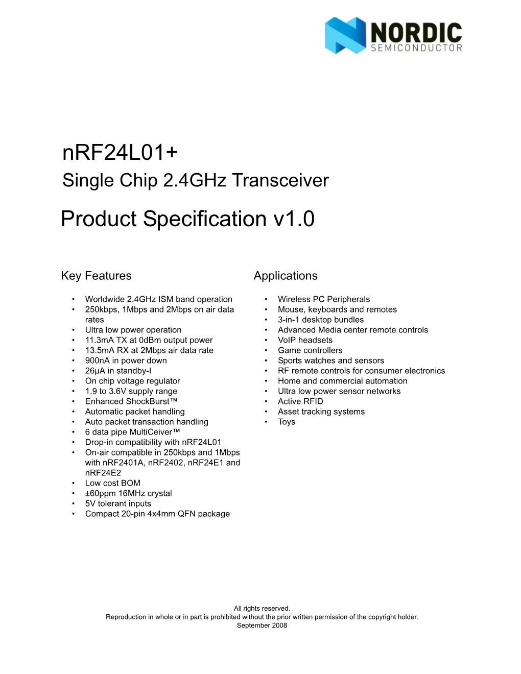 Single Chip 2.4Ghz Transceiver Product Specification V1.0