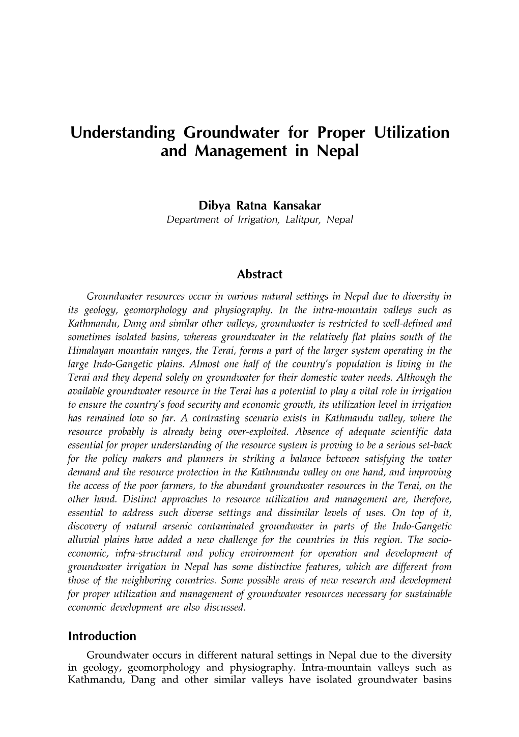 Understanding Groundwater for Proper Utilization and Management in Nepal