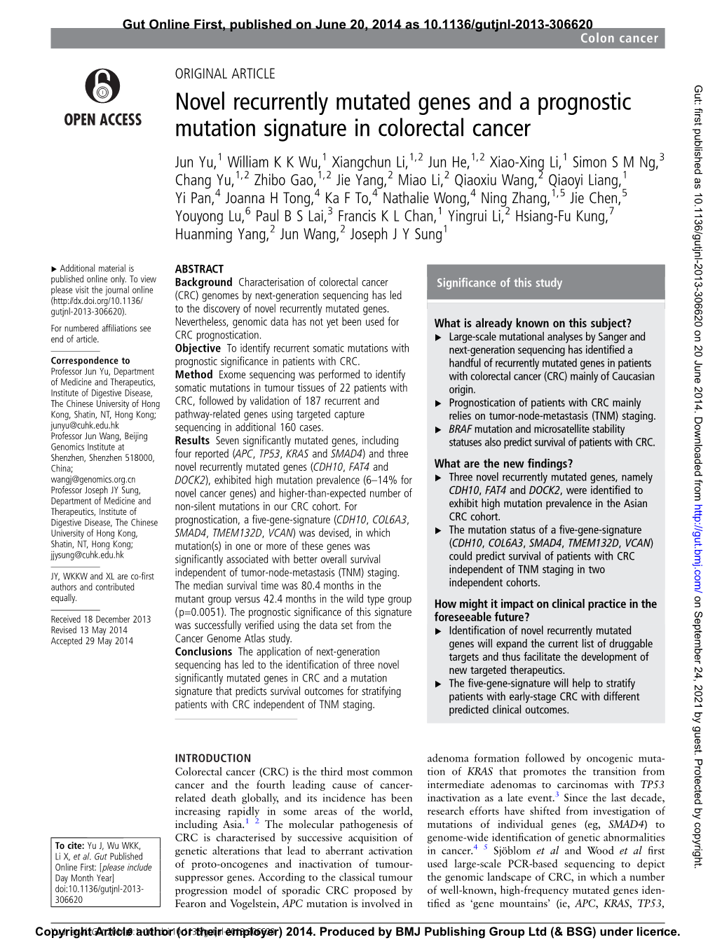 Novel Recurrently Mutated Genes and a Prognostic Mutation Signature In