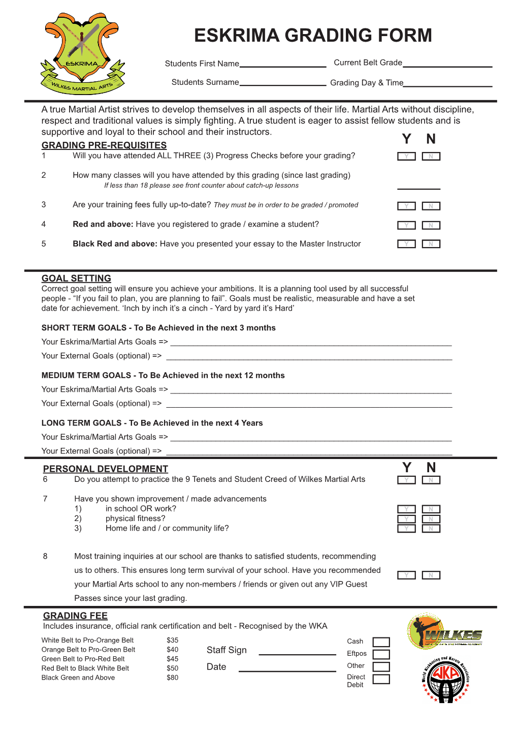 Eskrima Grading Form