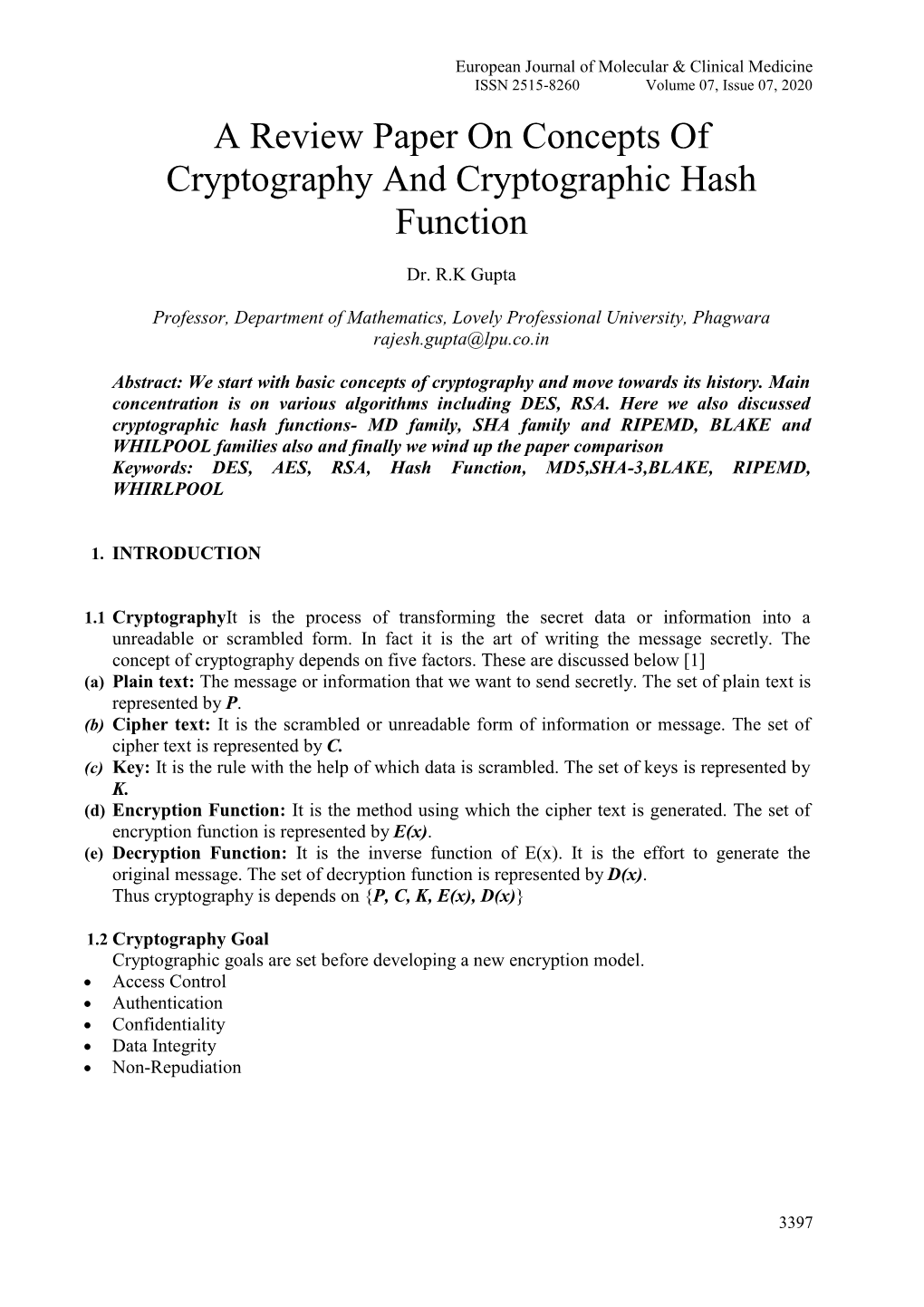 A Review Paper on Concepts of Cryptography and Cryptographic Hash Function