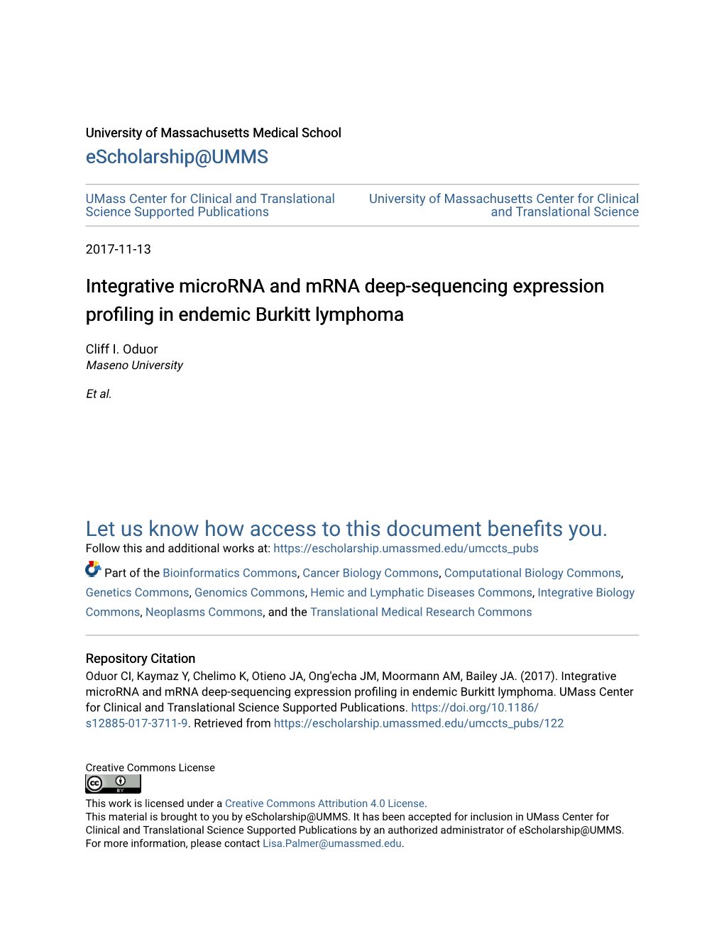 Integrative Microrna and Mrna Deep-Sequencing Expression Profiling in Endemic Burkitt Lymphoma