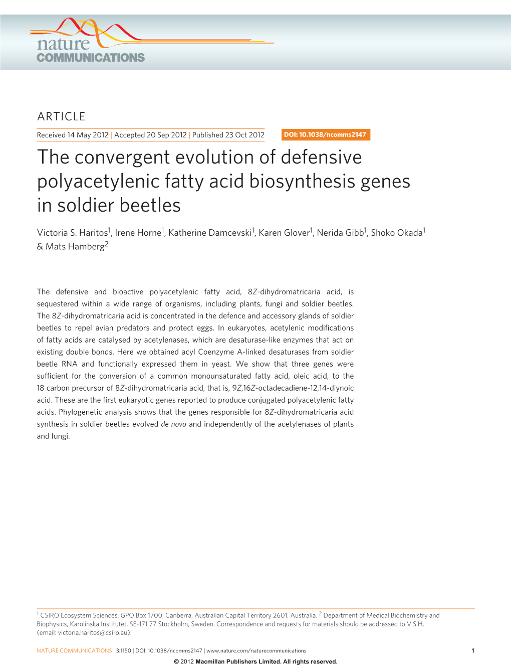 The Convergent Evolution of Defensive Polyacetylenic Fatty Acid Biosynthesis Genes in Soldier Beetles