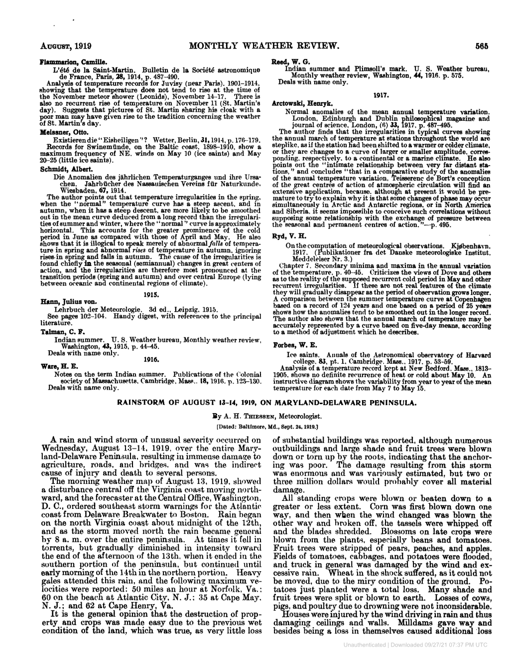 August, 1919 Monthly Weather Review