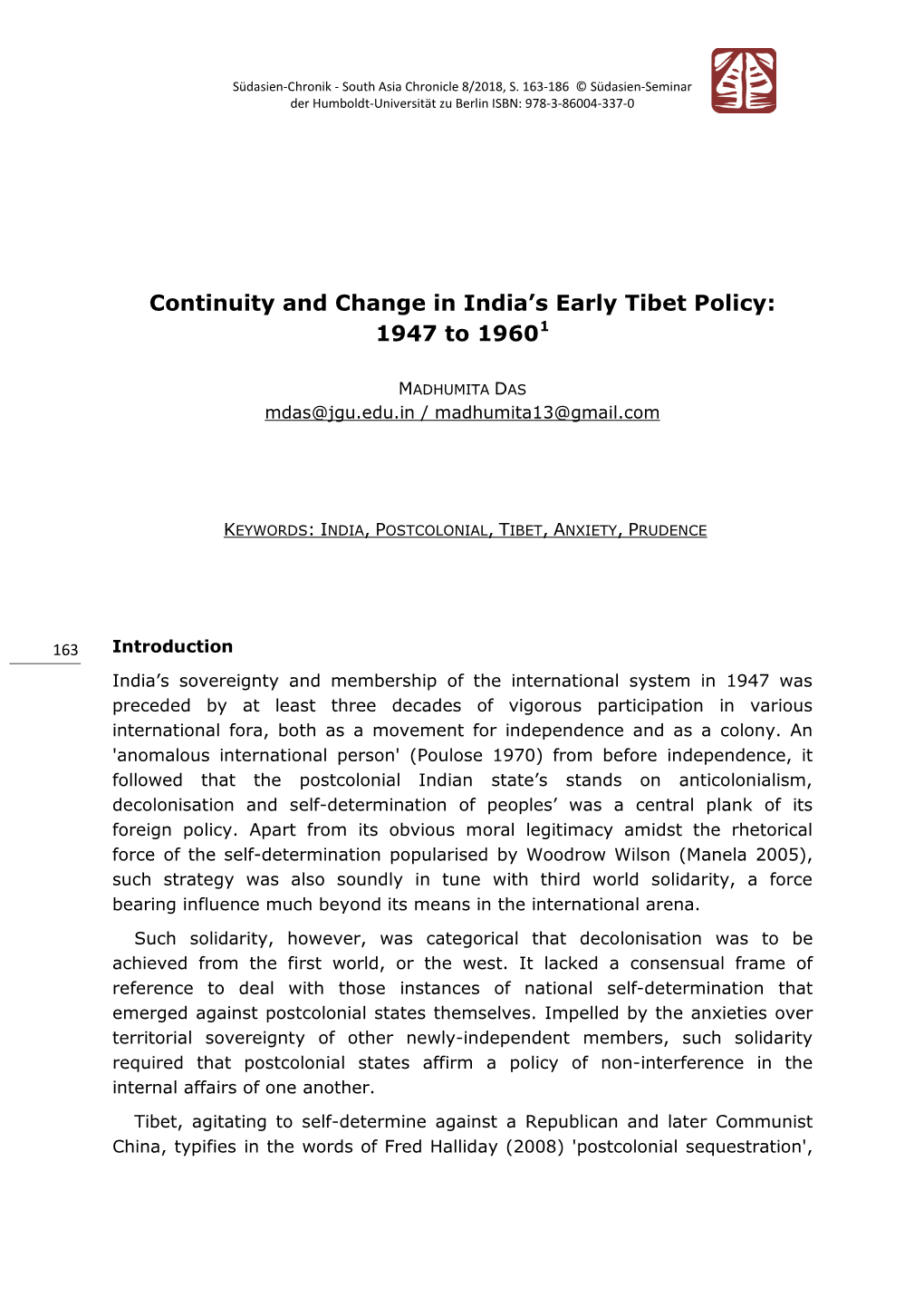 Continuity and Change in India´S Early Tibet Policy: 1947 to 1960