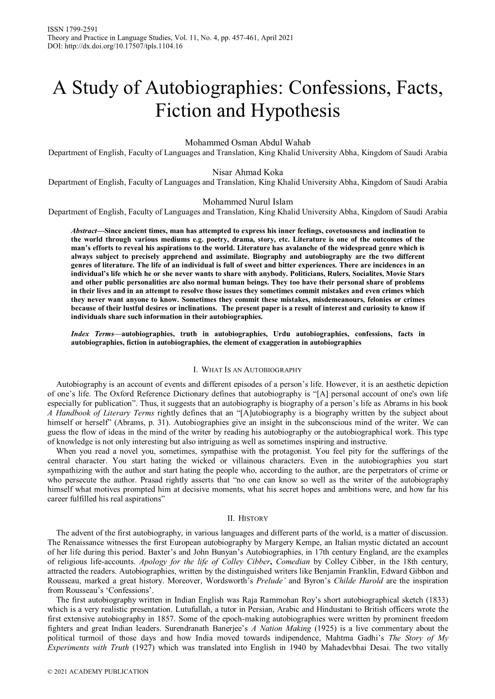 A Study of Autobiographies: Confessions, Facts, Fiction and Hypothesis