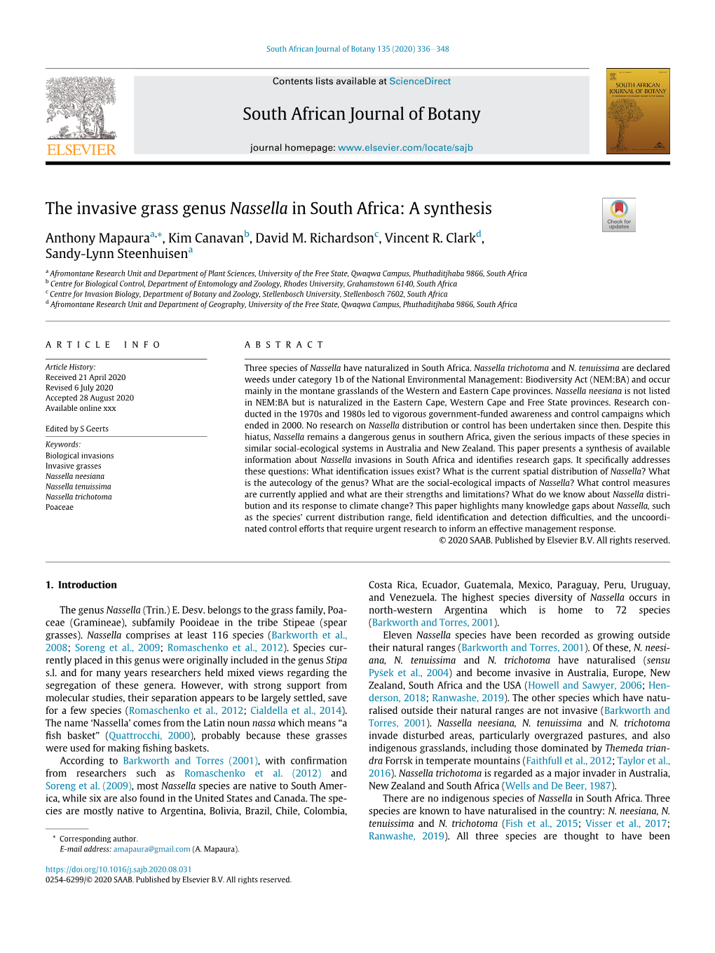 The Invasive Grass Genus Nassella in South Africa: a Synthesis