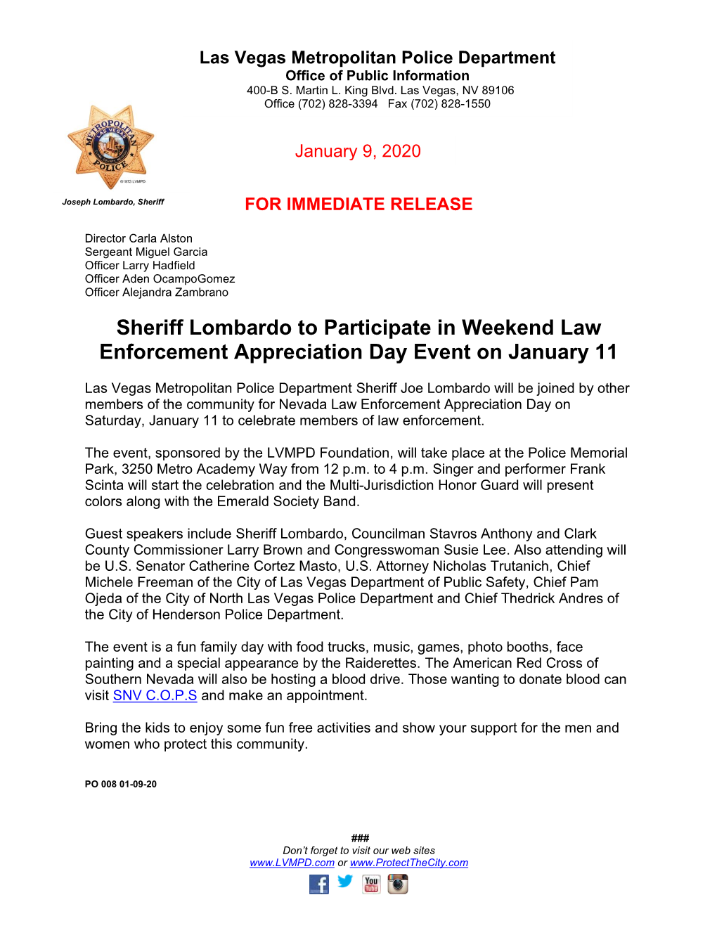 Sheriff Lombardo to Participate in Weekend Law Enforcement Appreciation Day Event on January 11