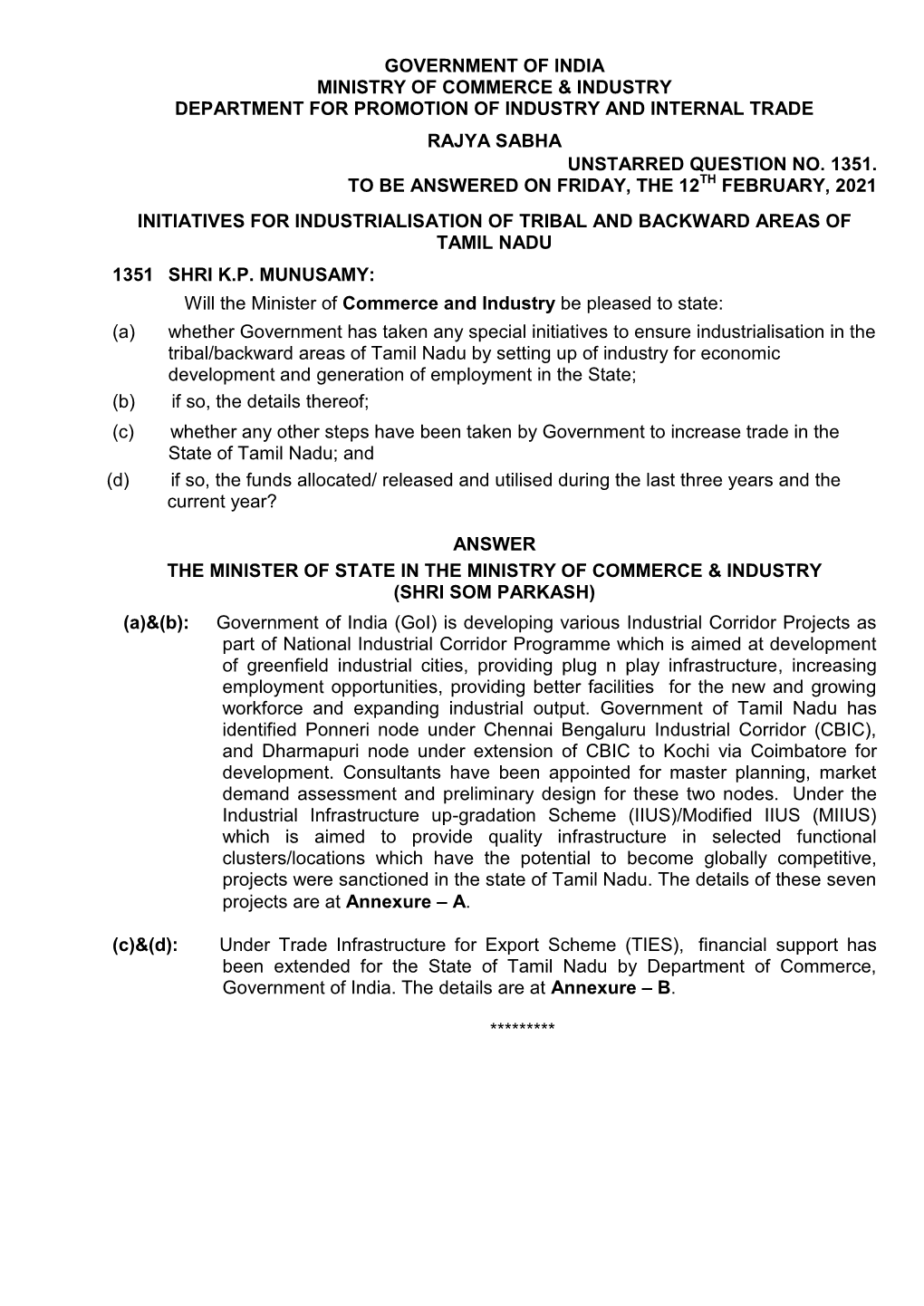 Government of India Ministry of Commerce & Industry Department for Promotion of Industry and Internal Trade Rajya Sabha Unst