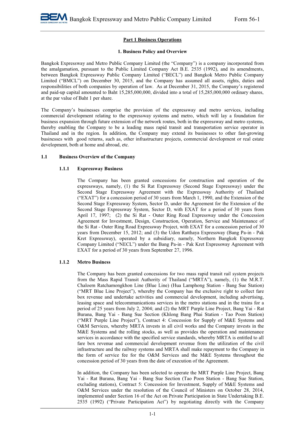 Bangkok Expressway and Metro Public Company Limited Form 56-1