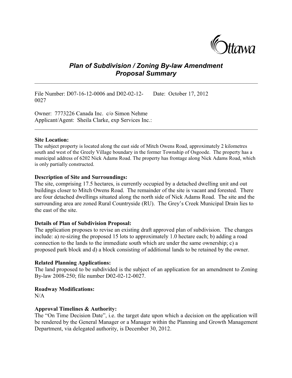 Plan of Subdivision / Zoning By-Law Amendment