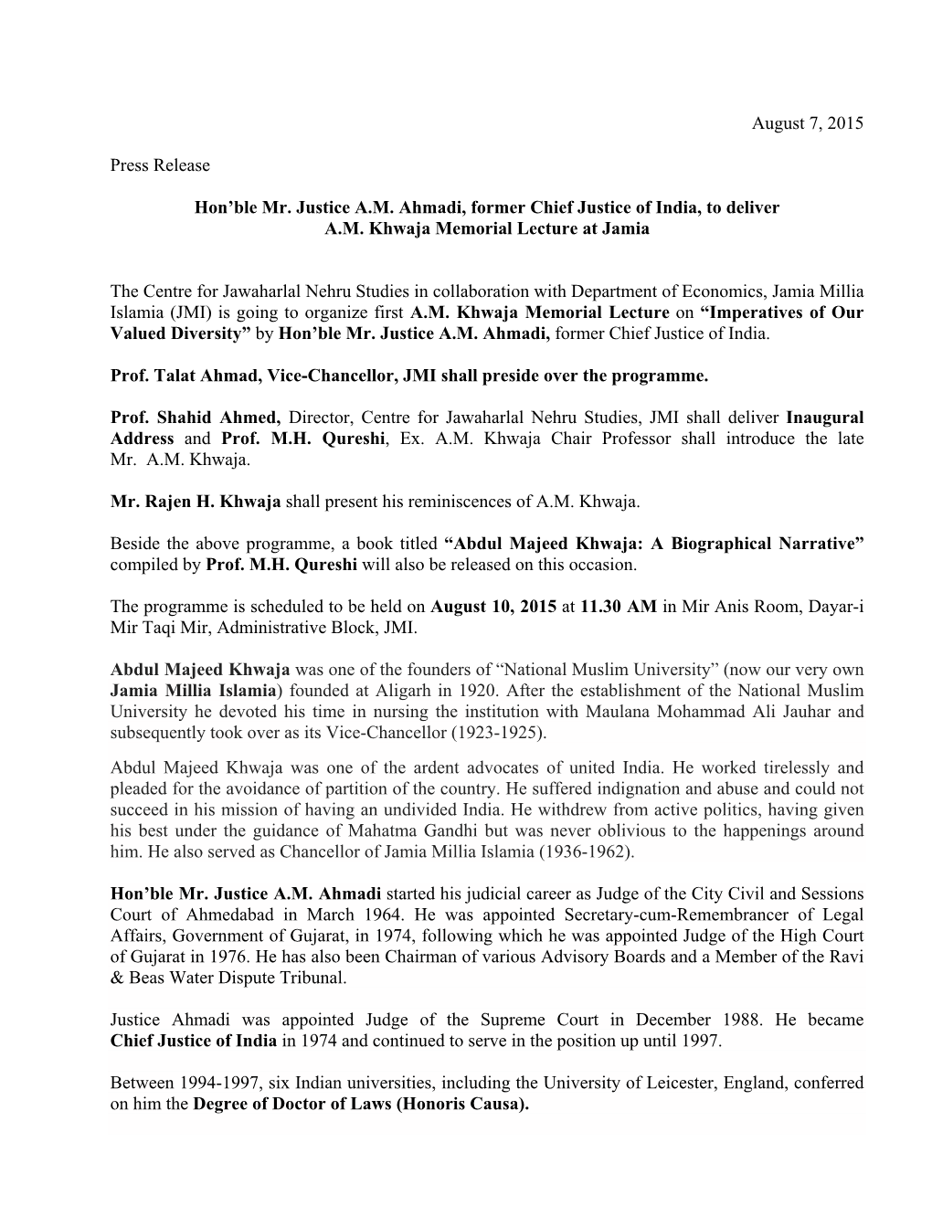 August 7, 2015 Press Release Hon'ble Mr. Justice A.M. Ahmadi