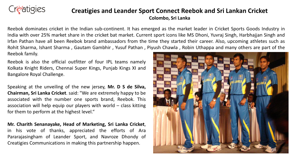 Creatigies and Leander Sport Connect Reebok and Sri Lankan Cricket Colombo, Sri Lanka