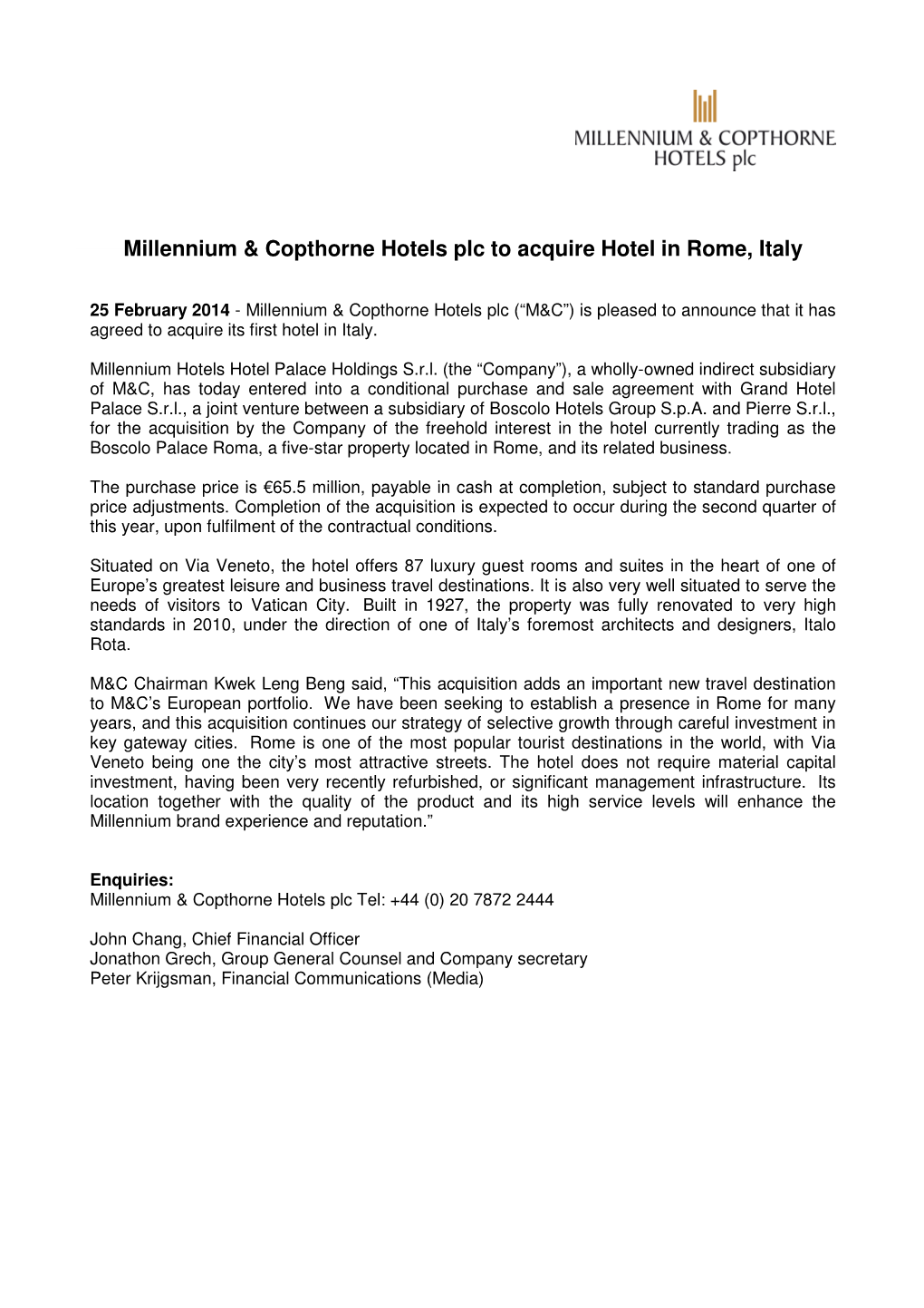 Millennium & Copthorne Hotels Plc to Acquire Hotel in Rome, Italy