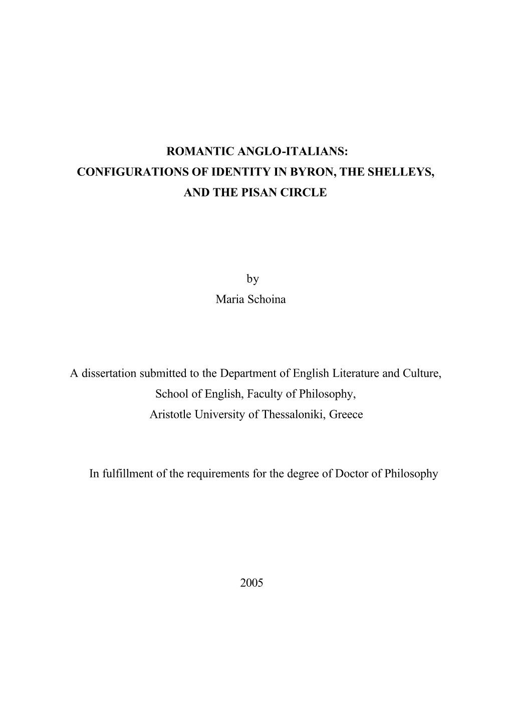 Romantic Anglo-Italians: Configurations of Identity in Byron, the Shelleys, and the Pisan Circle