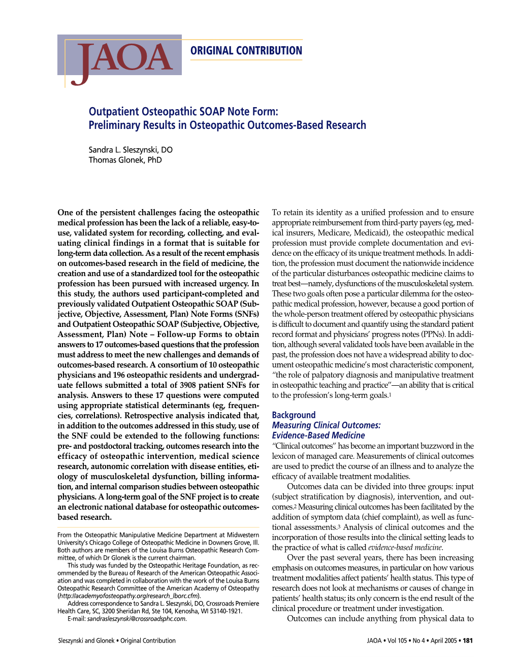 Outpatient Osteopathic SOAP Note Form: Preliminary Results in Osteopathic Outcomes-Based Research