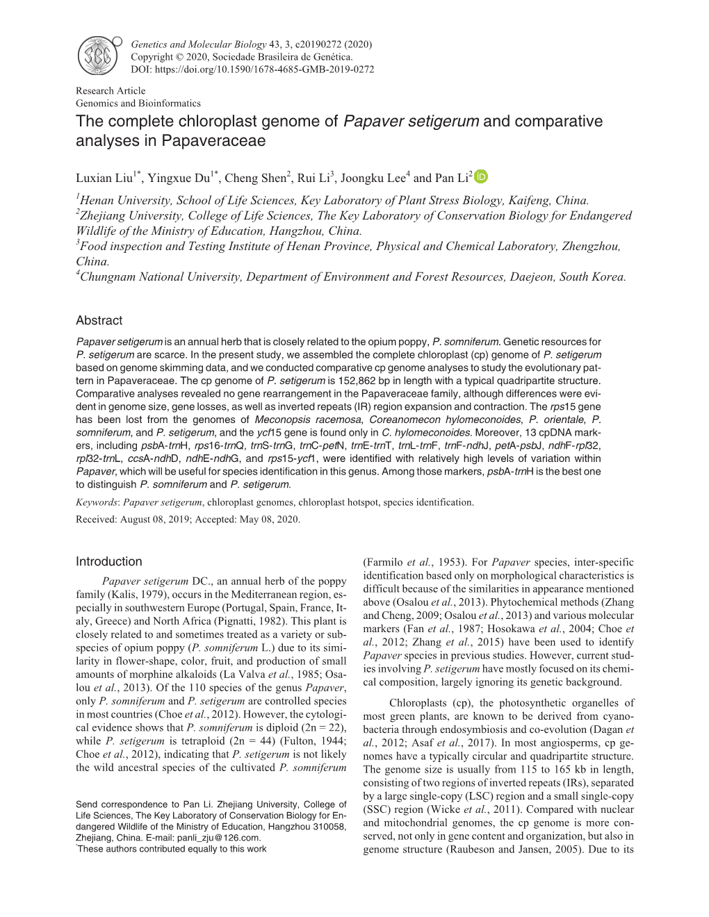 The Complete Chloroplast Genome of Papaver Setigerum and Comparative Analyses in Papaveraceae