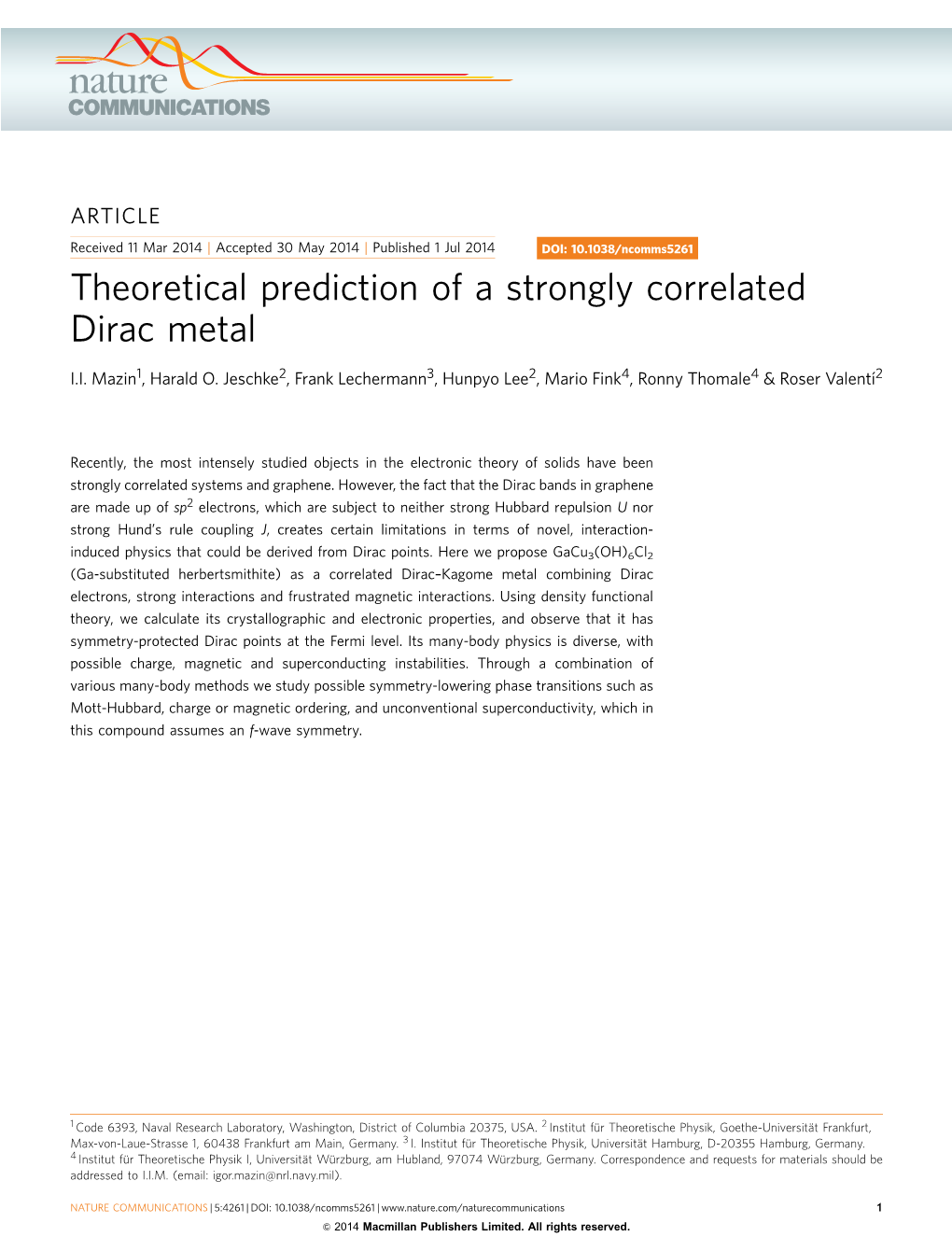 Theoretical Prediction of a Strongly Correlated Dirac Metal