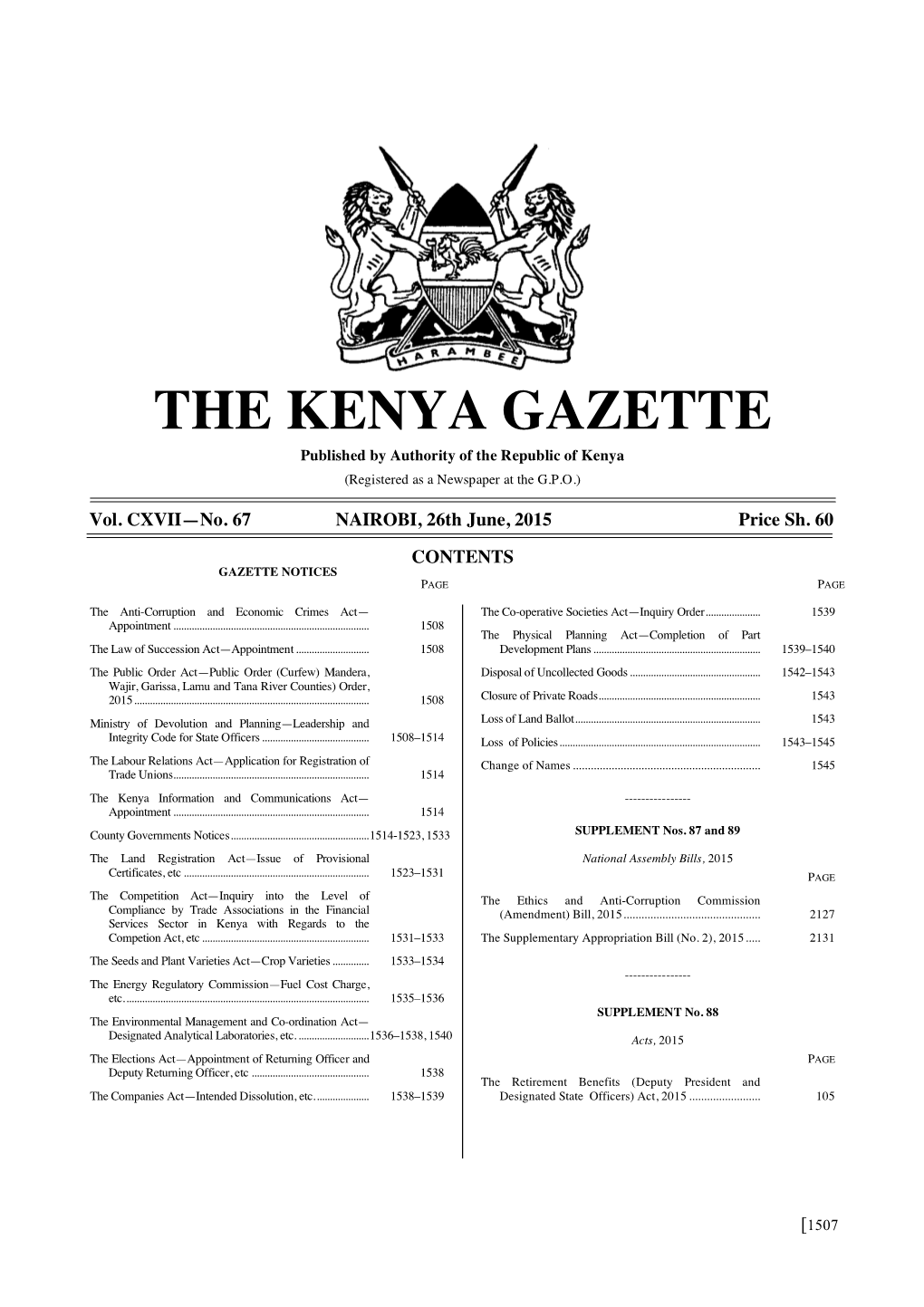 THE KENYA GAZETTE Published by Authority of the Republic of Kenya (Registered As a Newspaper at the G.P.O.)