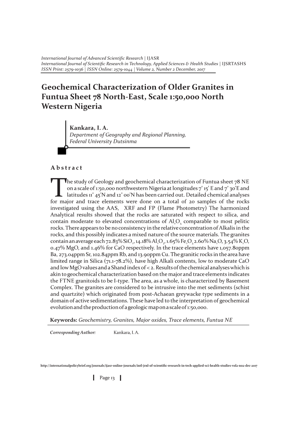 Geochemical Characterization of Older Granites in Funtua Sheet 78 North-East, Scale 1:50,000 North Western Nigeria
