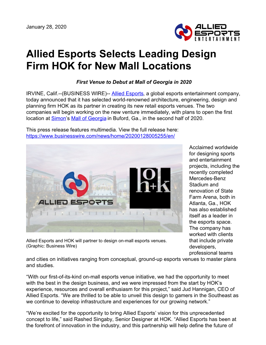 Allied Esports Selects Leading Design Firm HOK for New Mall Locations