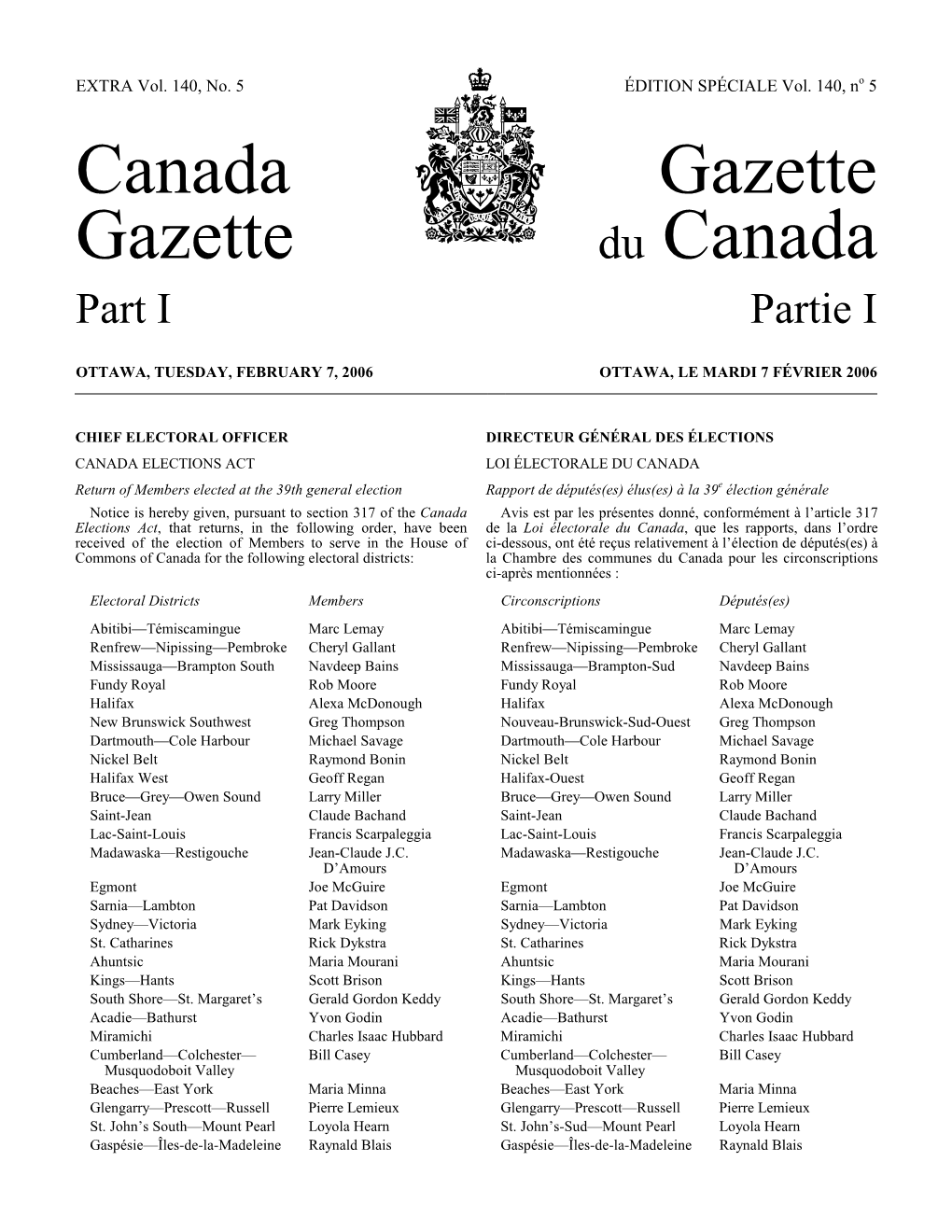 Canada Gazette Gazette Du Canada Part I Partie I