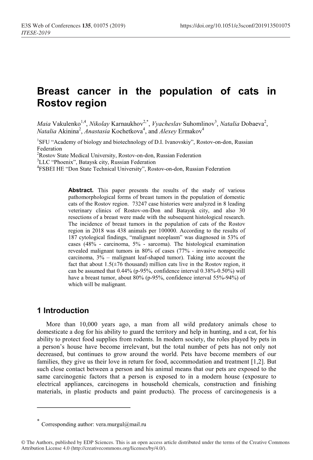 Breast Cancer in the Population of Cats in Rostov Region