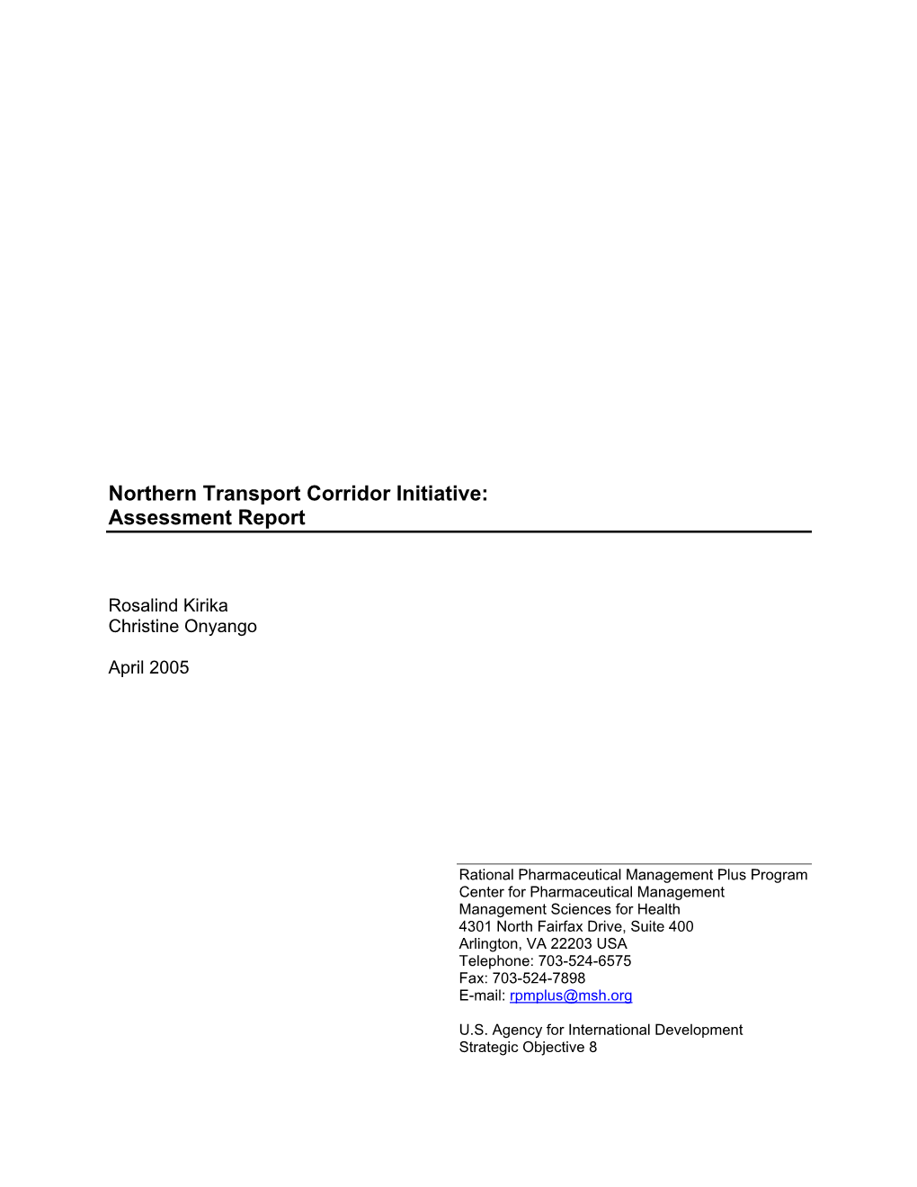 Northern Transport Corridor Initiative: Assessment Report