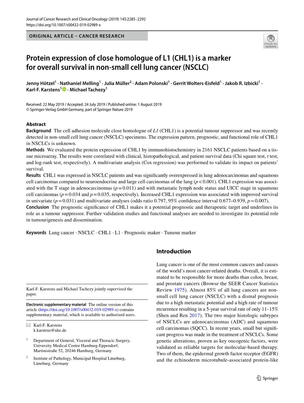 Protein Expression of Close Homologue of L1 (CHL1) Is a Marker for Overall Survival in Non‑Small Cell Lung Cancer (NSCLC)