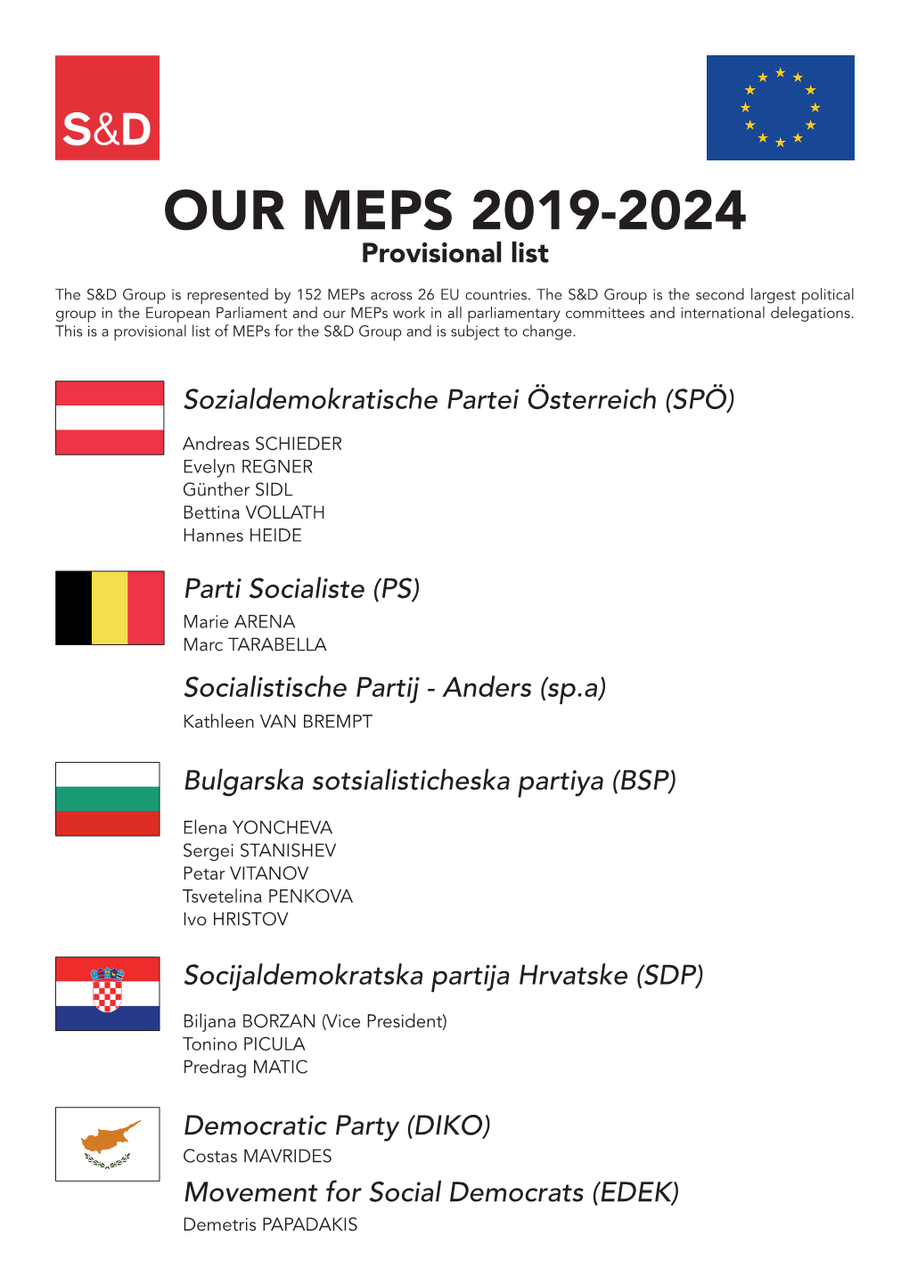 OUR MEPS 2019-2024 Provisional List the S&D Group Is Represented by 152 Meps Across 26 EU Countries