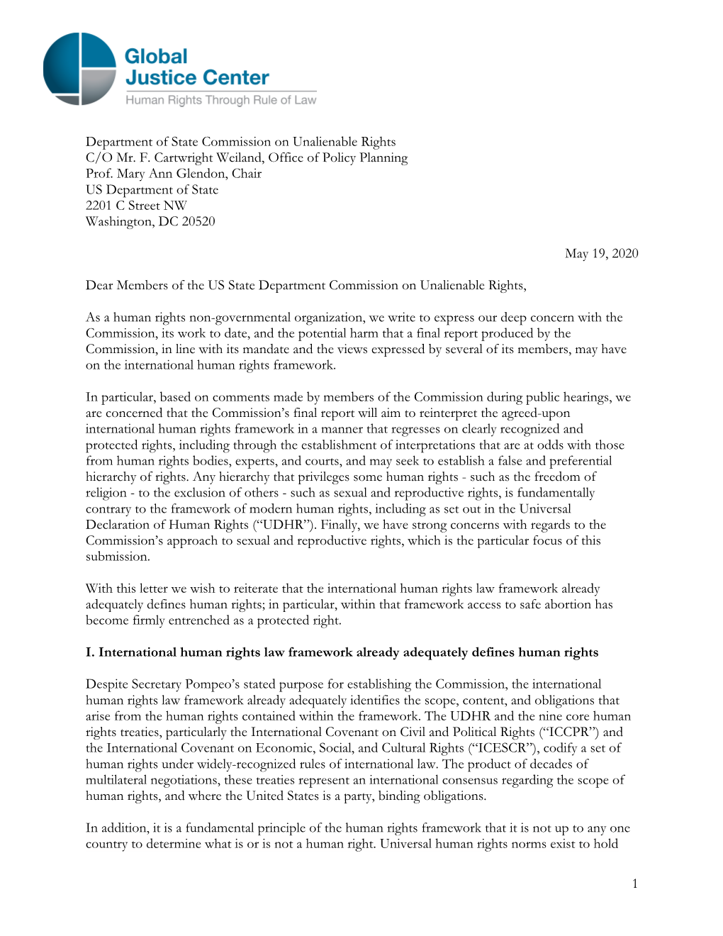 Global Justice Center, I Am Grateful for the Opportunity to Provide This Written Submission to the Commission on Unalienable Rights