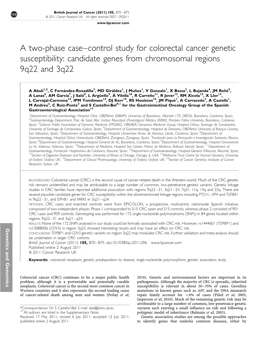 Candidate Genes from Chromosomal Regions 9Q22 and 3Q22