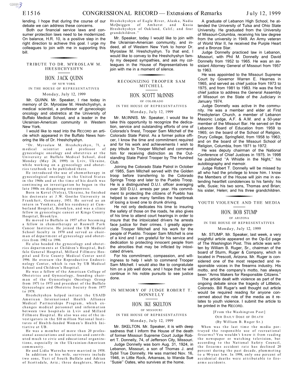 CONGRESSIONAL RECORD— Extensions of Remarks E1516 HON. JACK QUINN HON. SCOTT Mcinnis HON. IKE SKELTON HON. BOB STUMP