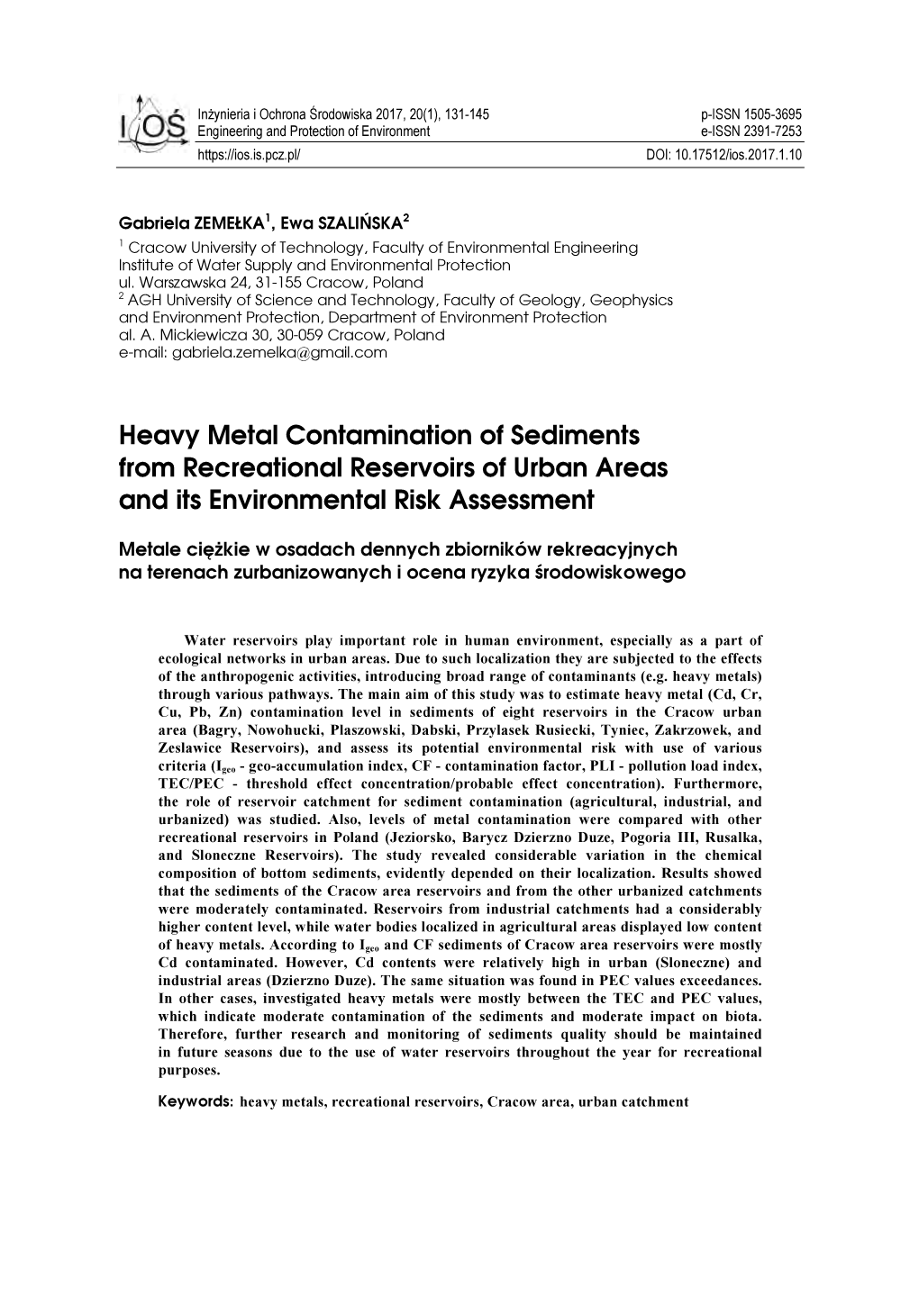 Heavy Metal Contamination of Sediments from Recreational Reservoirs of Urban Areas and Its Environmental Risk Assessment