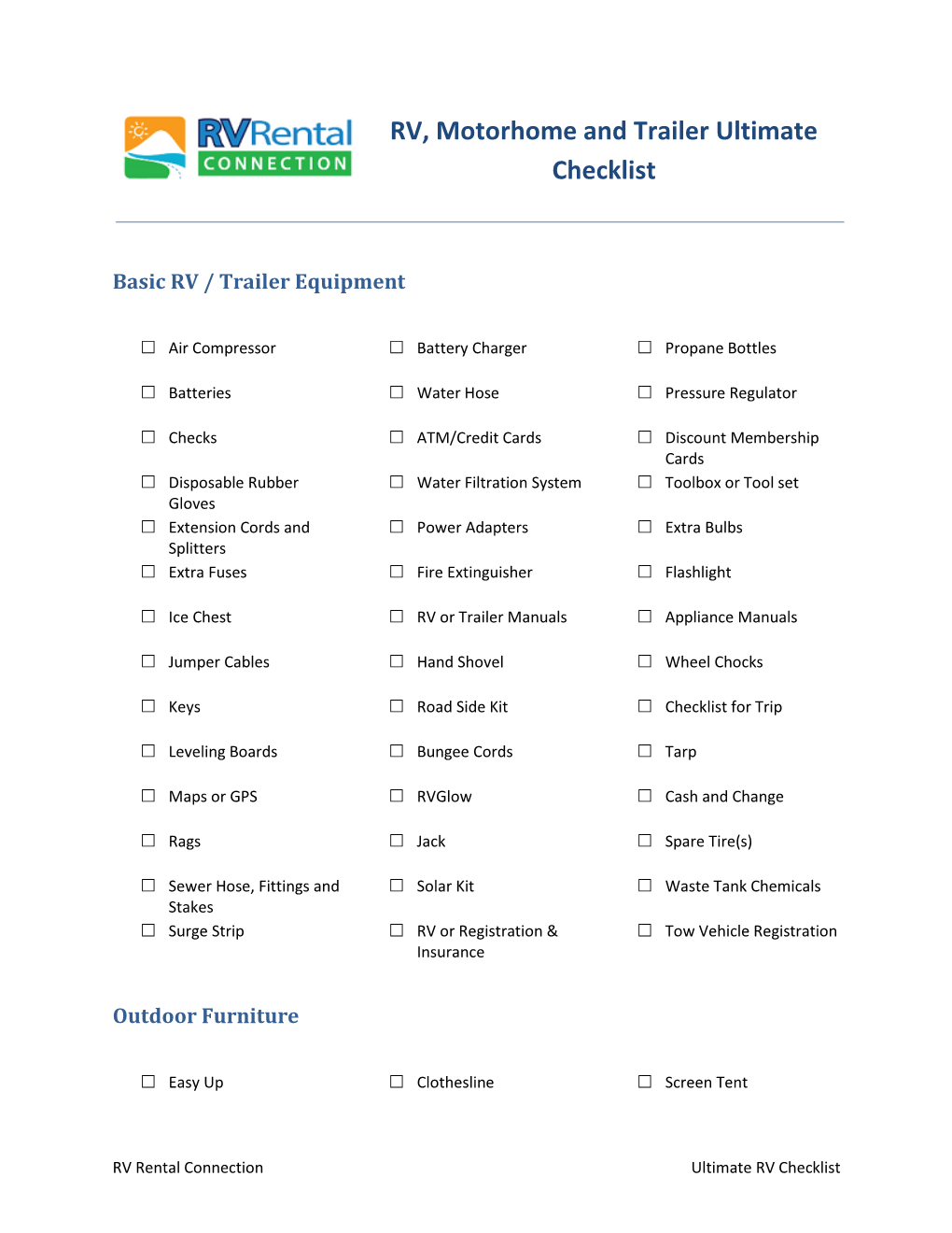 RV, Motorhome and Trailer Ultimate Checklist