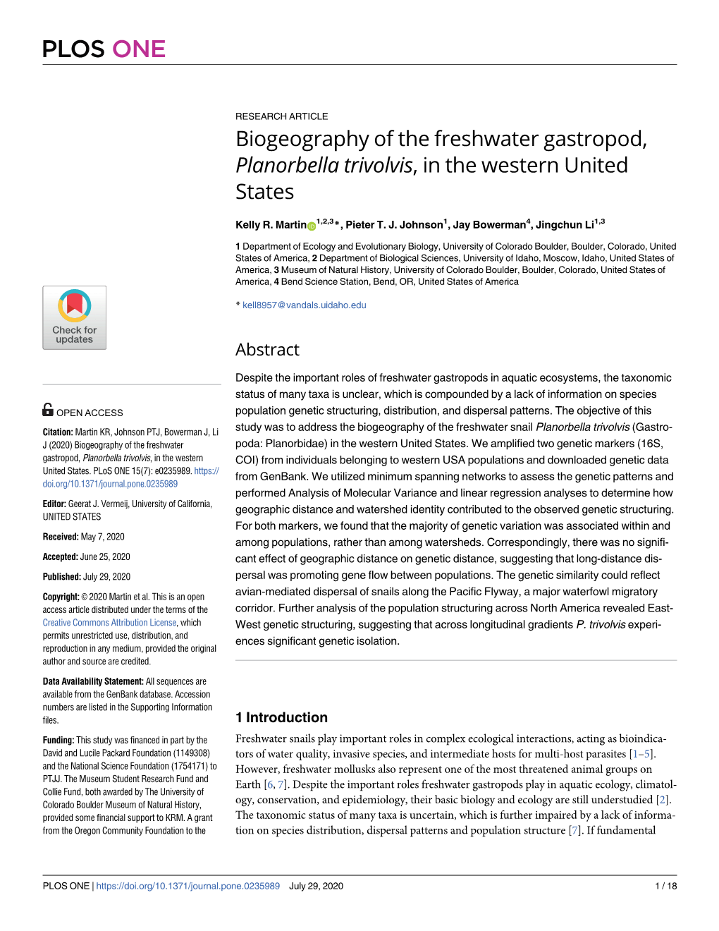 Biogeography of the Freshwater Gastropod, Planorbella Trivolvis, in the Western United States