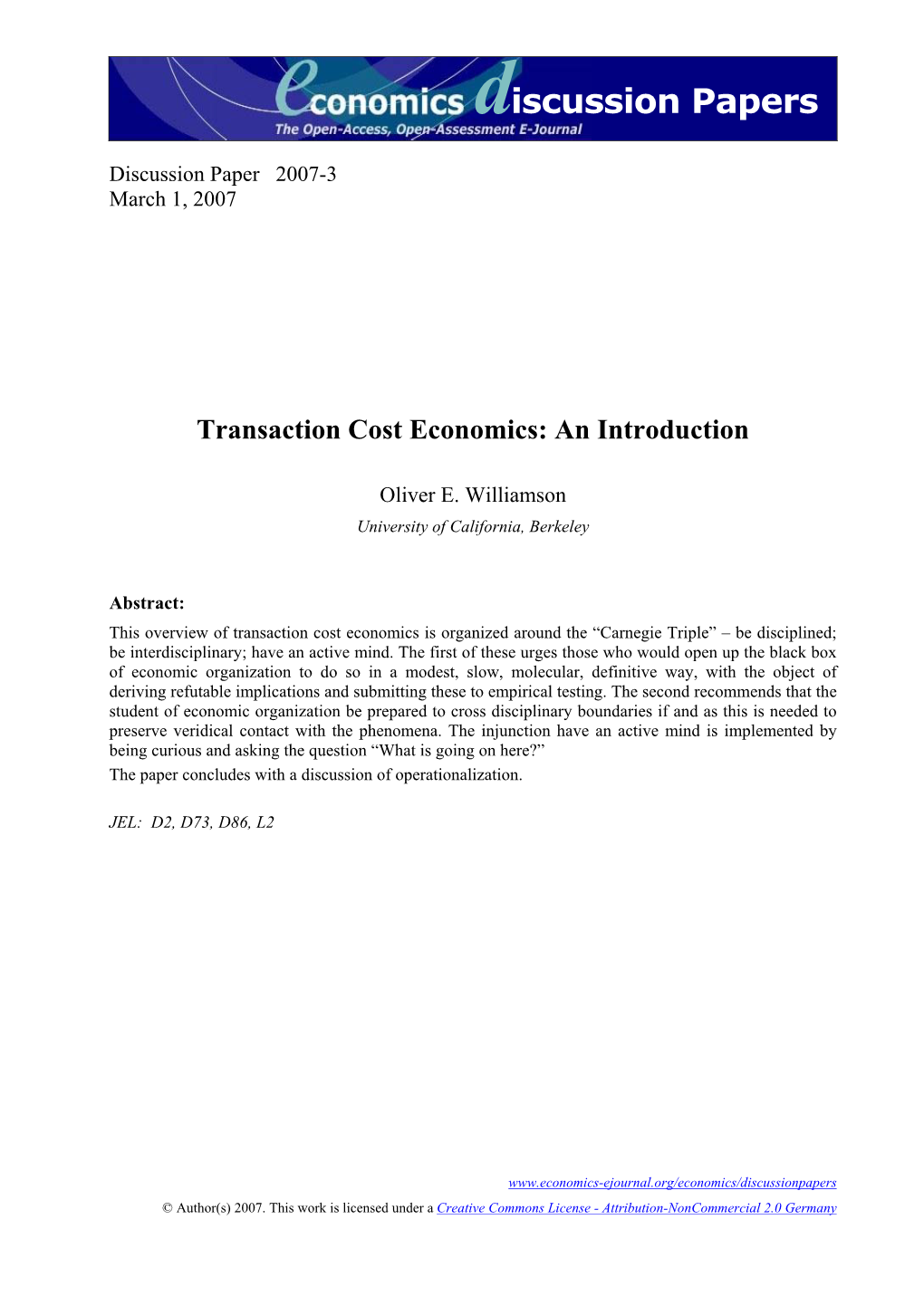 Transaction Cost Economics: an Introduction