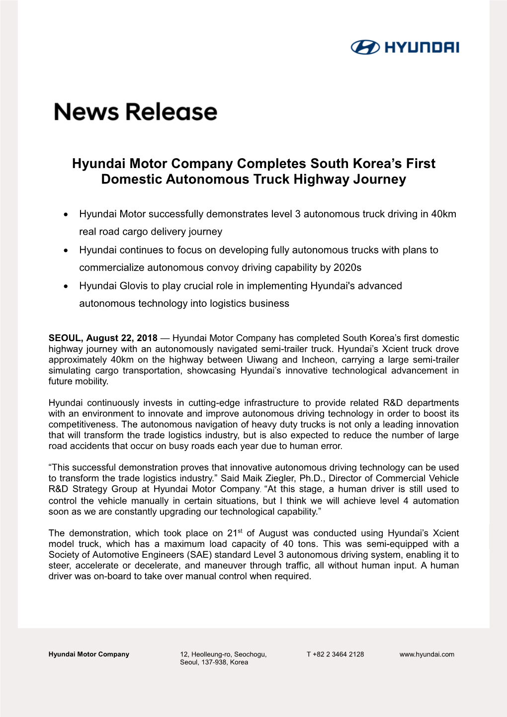 Hyundai Motor Company Completes South Korea's First Domestic