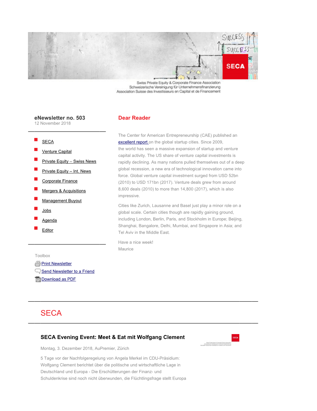 Enewsletter No. 503 | SECA | Swiss Private Equity & Corporate Finance Association