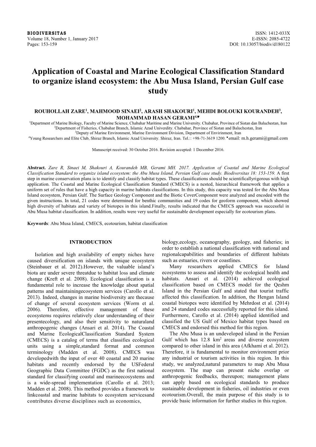 Application of Coastal and Marine Ecological Classification Standard to Organize Island Ecosystem: the Abu Musa Island, Persian Gulf Case Study