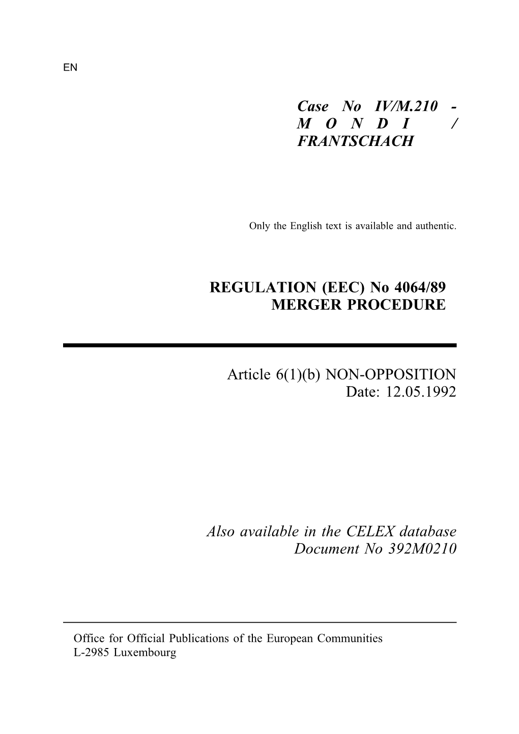 Merger Decision IV/M.210 of 12.05.1992
